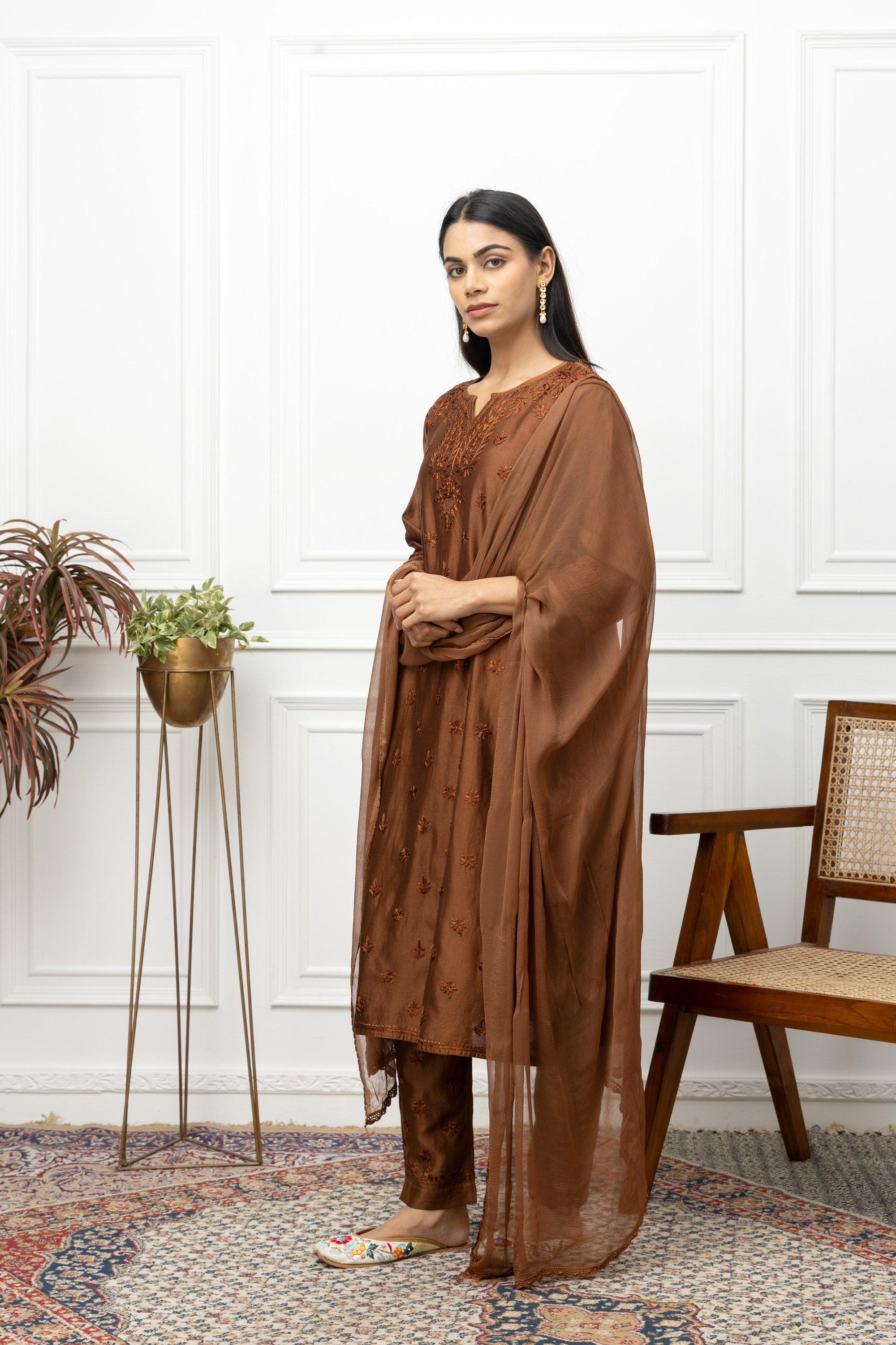 Elegant Brown Chanderi Chikankari Full Suit Set – Ethnic Designer Kurta with DupattaElegant Brown Chanderi Chikankari Full Suit Set – Ethnic Designer Kurta with Dupatta