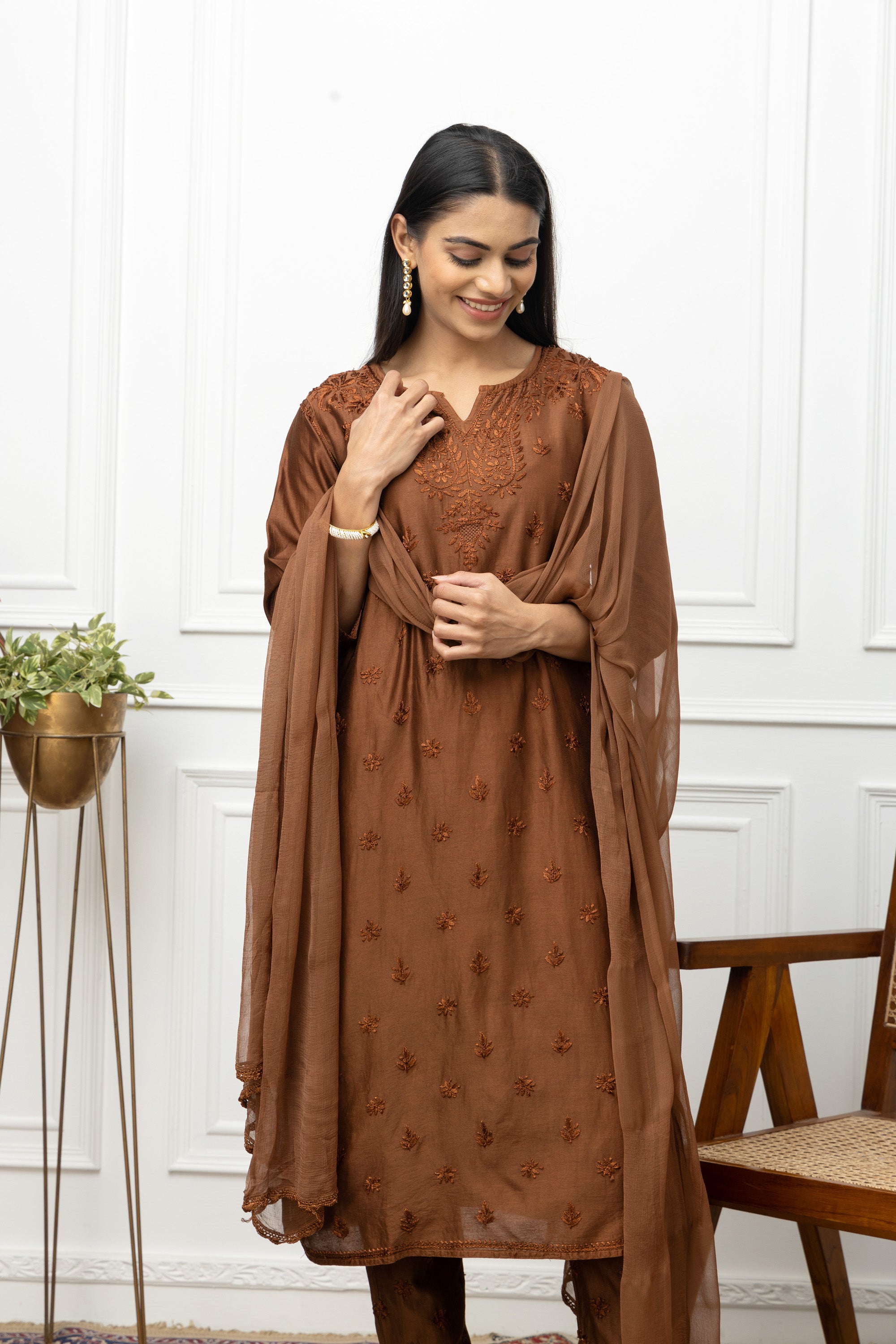 Elegant Brown Chanderi Chikankari Full Suit Set – Ethnic Designer Kurta with DupattaElegant Brown Chanderi Chikankari Full Suit Set – Ethnic Designer Kurta with Dupatta