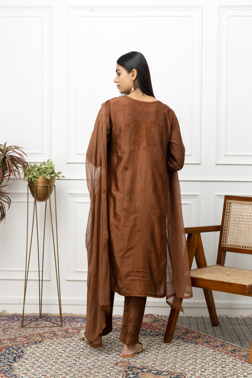 Elegant Brown Chanderi Chikankari Full Suit Set