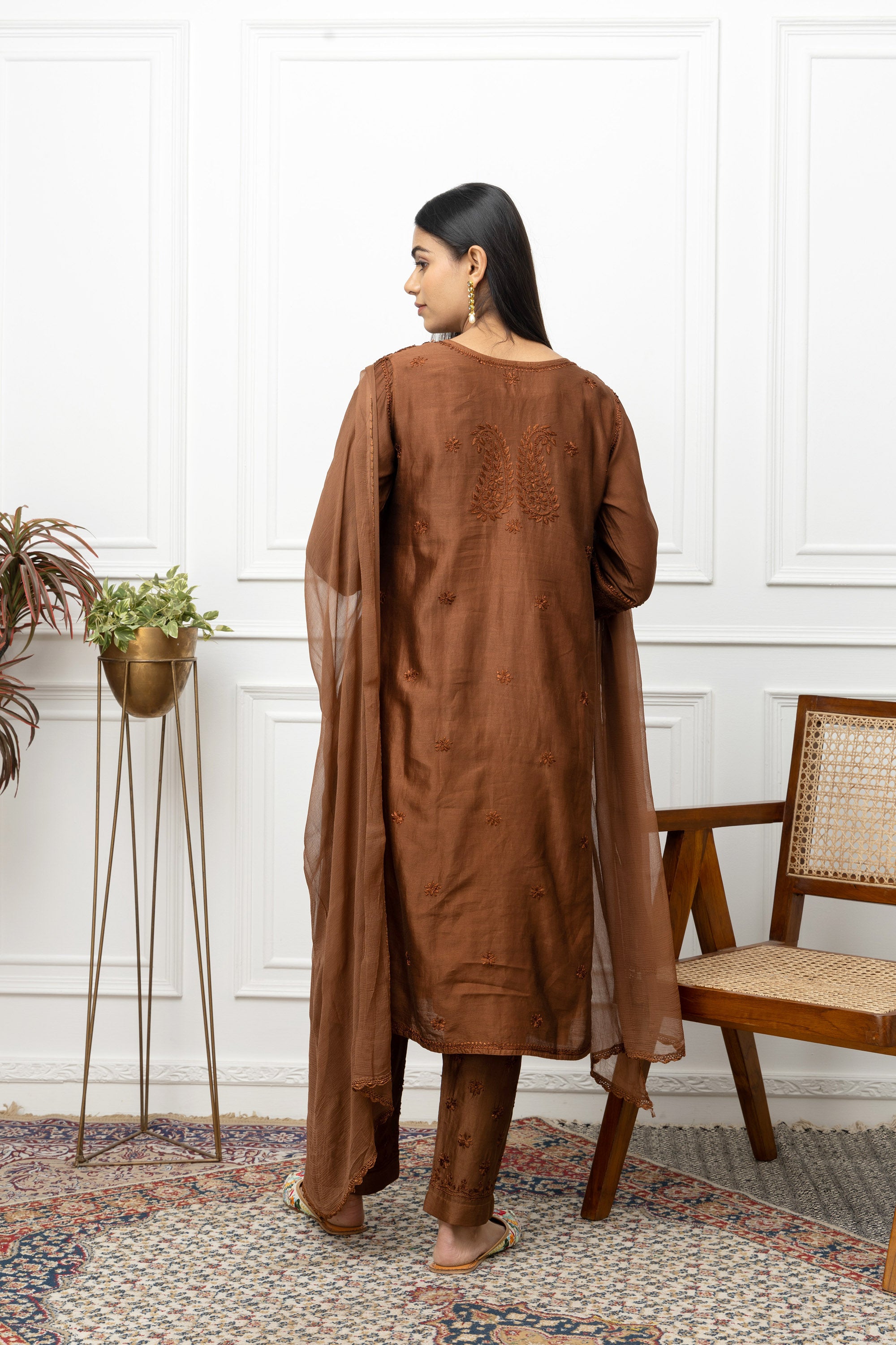 Elegant Brown Chanderi Chikankari Full Suit Set – Ethnic Designer Kurta with DupattaElegant Brown Chanderi Chikankari Full Suit Set – Ethnic Designer Kurta with Dupatta