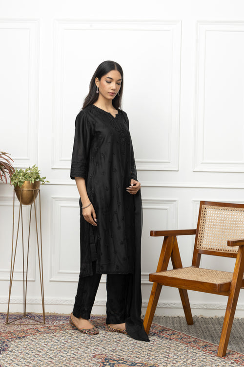 Black Silk Chanderi Suit Set | Elegant Festive Wear | Gurgaon