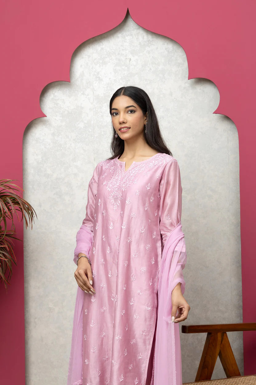 Elegant Brown Chanderi Chikankari Full Suit Set