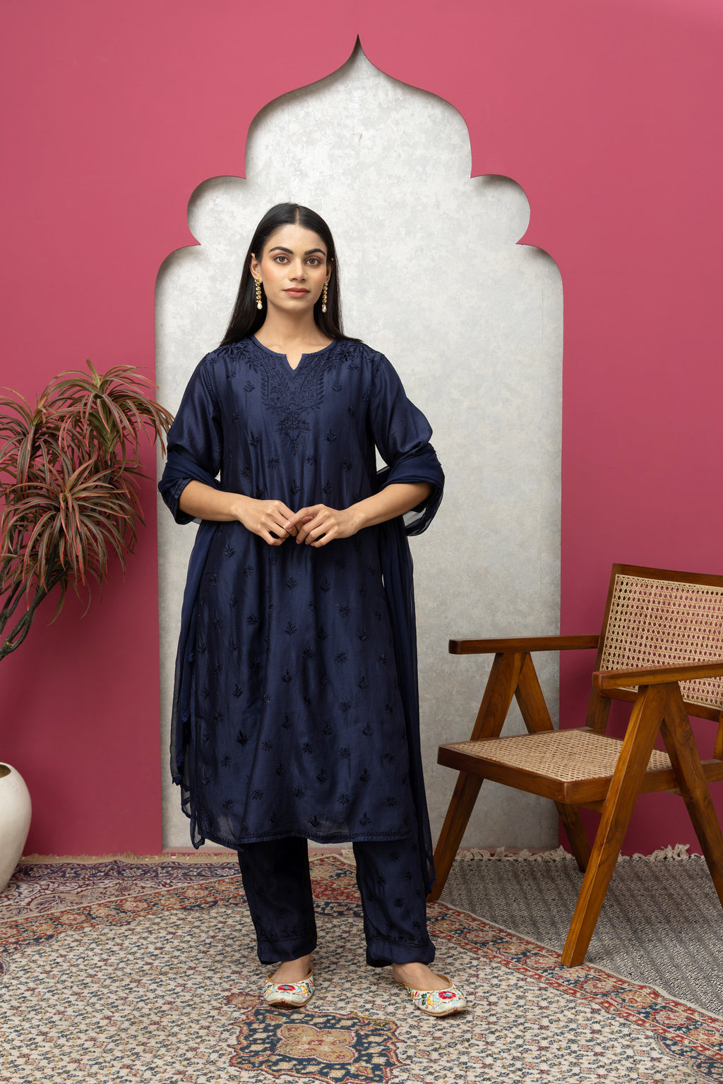Chanderi Navy Blue Chikankari Full Set – Regal Elegance