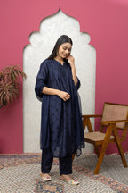 Chanderi Navy Blue Chikankari Full Set – Regal Elegance