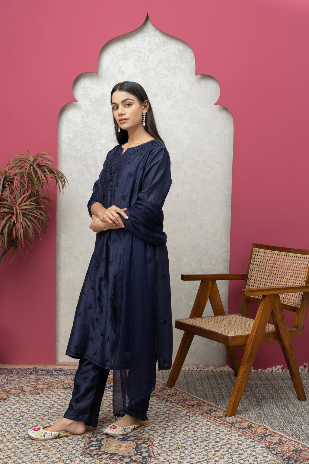 Chanderi Navy Blue Chikankari Full Set – Regal Elegance