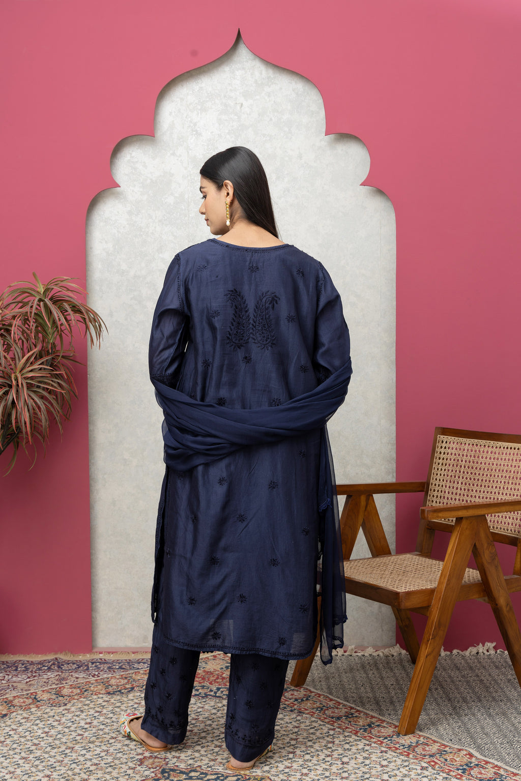 Chanderi Navy Blue Chikankari Full Set – Regal Elegance