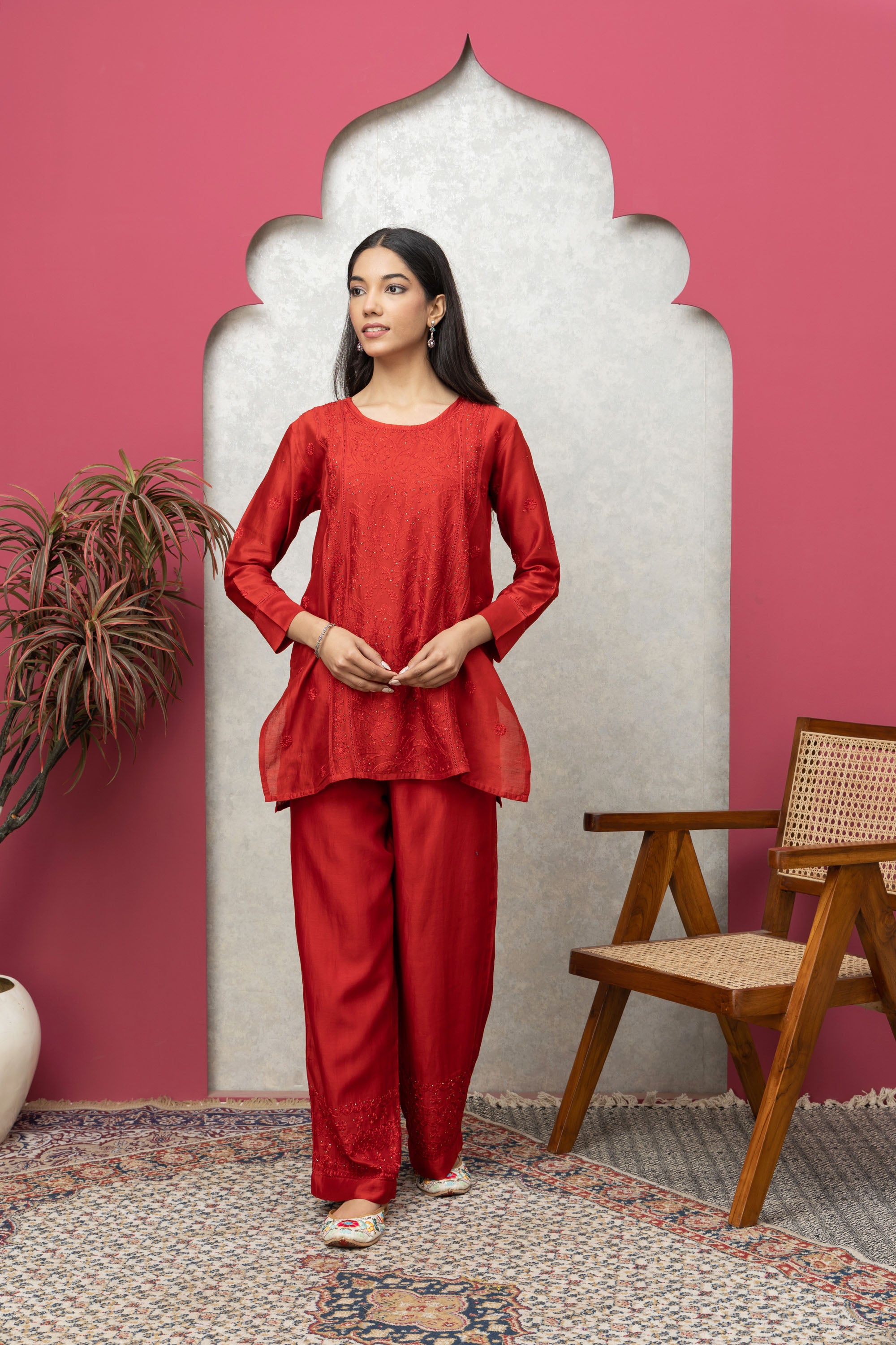 Red Chanderi Silk Kurti with Pant – Festive Elegance