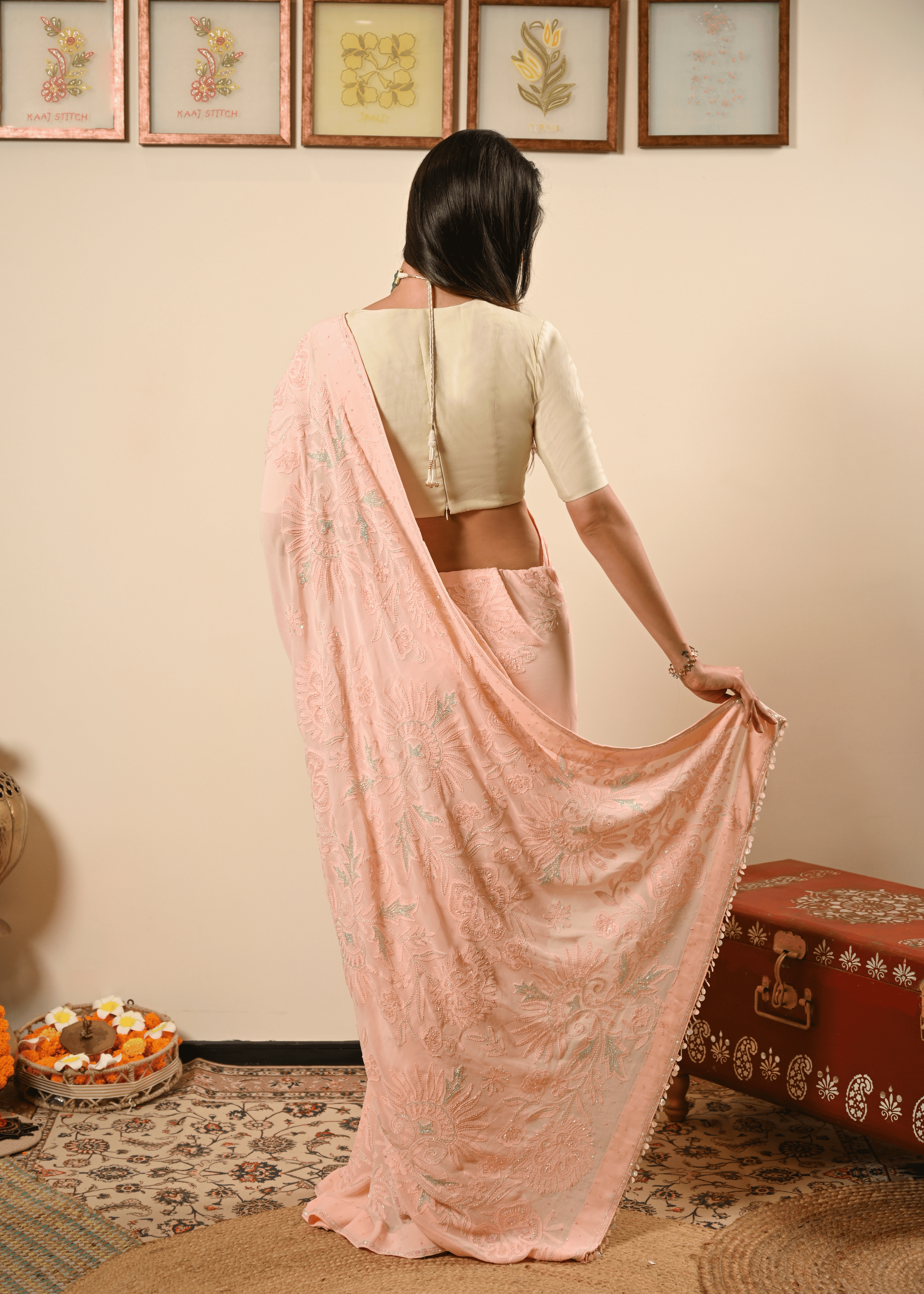 Pastel Hand Embroidered Chikankari Saree | Lucknowi Chikankari
