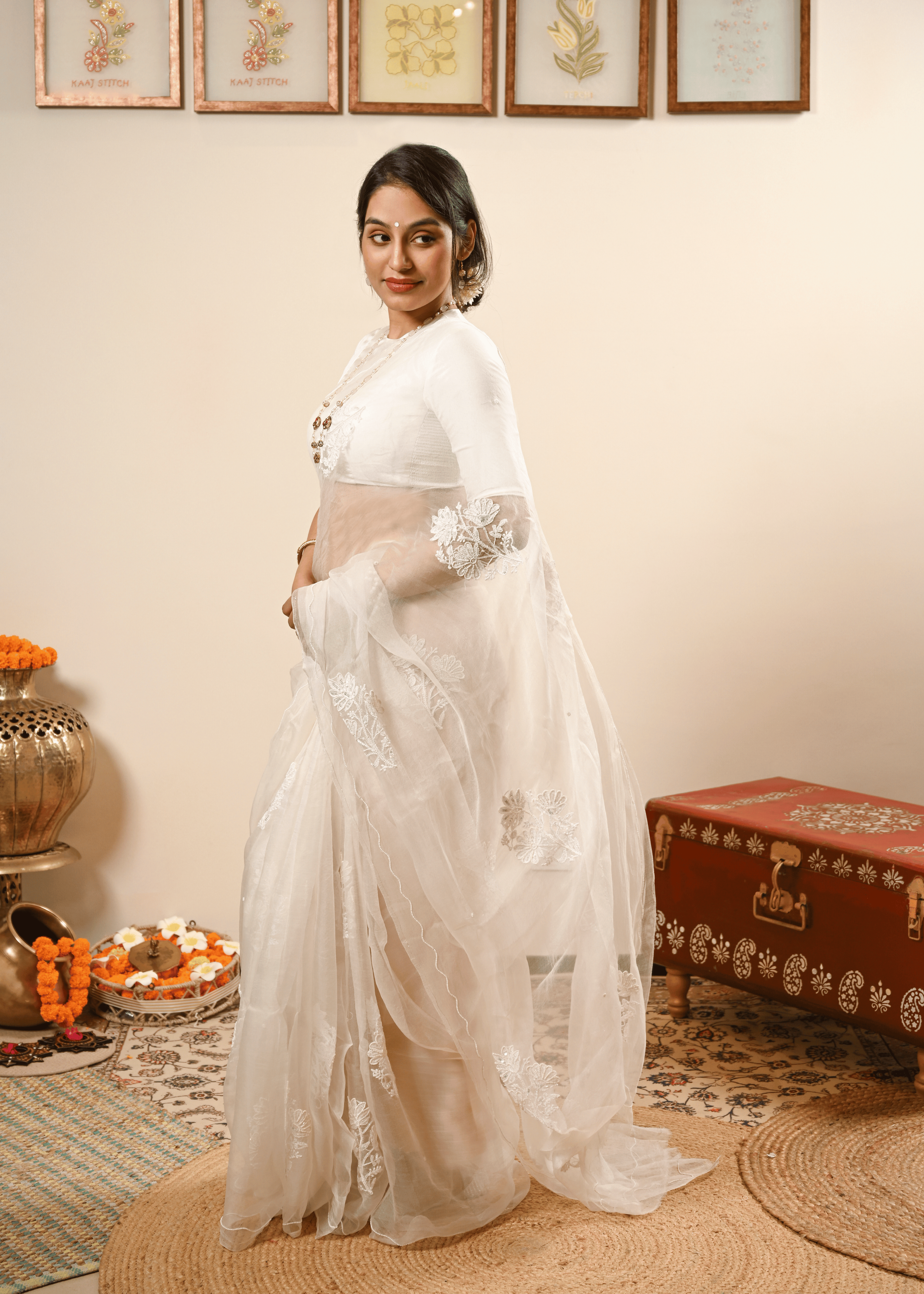 Ivory Organza Chikankari Saree