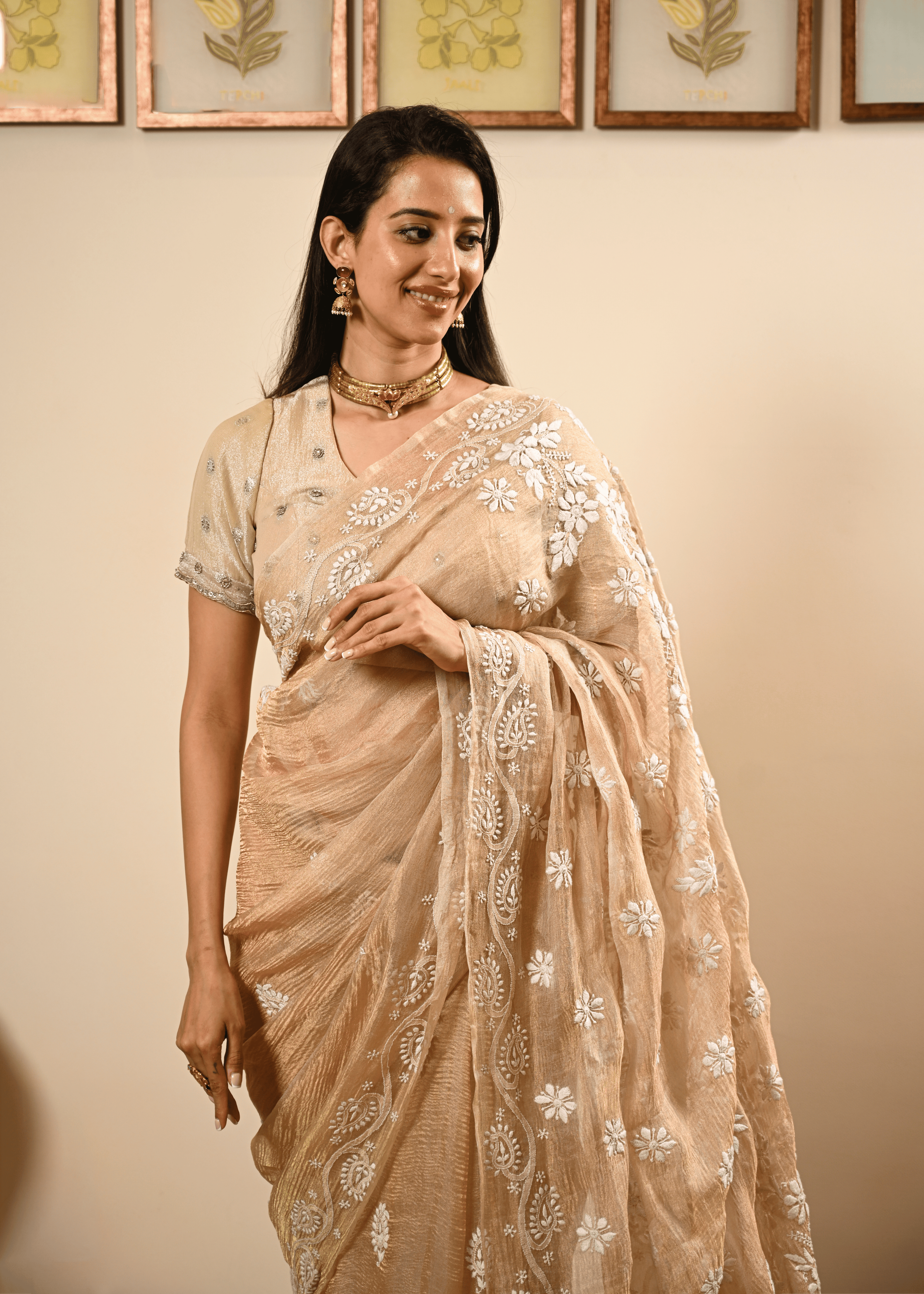 Golden Tissue Hand Embroidered Chikankari Saree