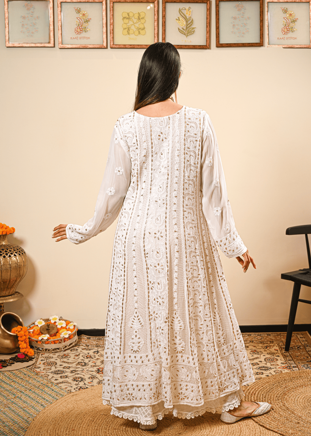 White Chikankari Georgette Anarkali Set