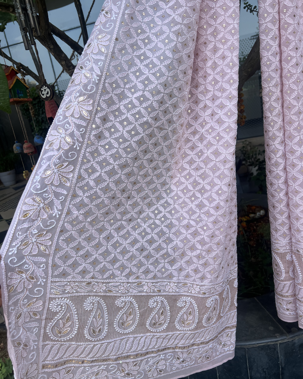 Pink Hand Embroidered Chikankari Dupatta