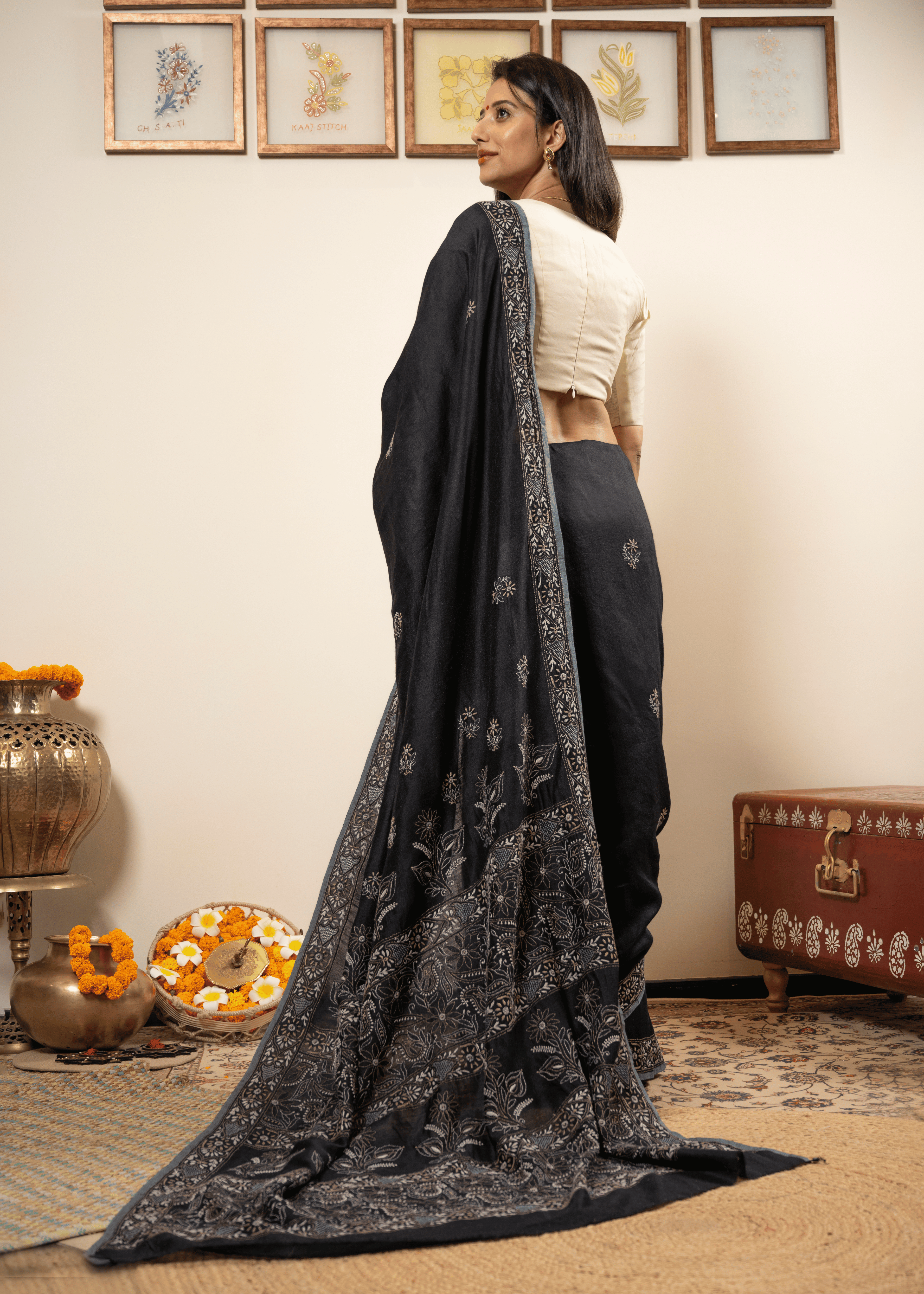 Black Embroidered Chikankari Saree  Lucknowi Chikankari Saree