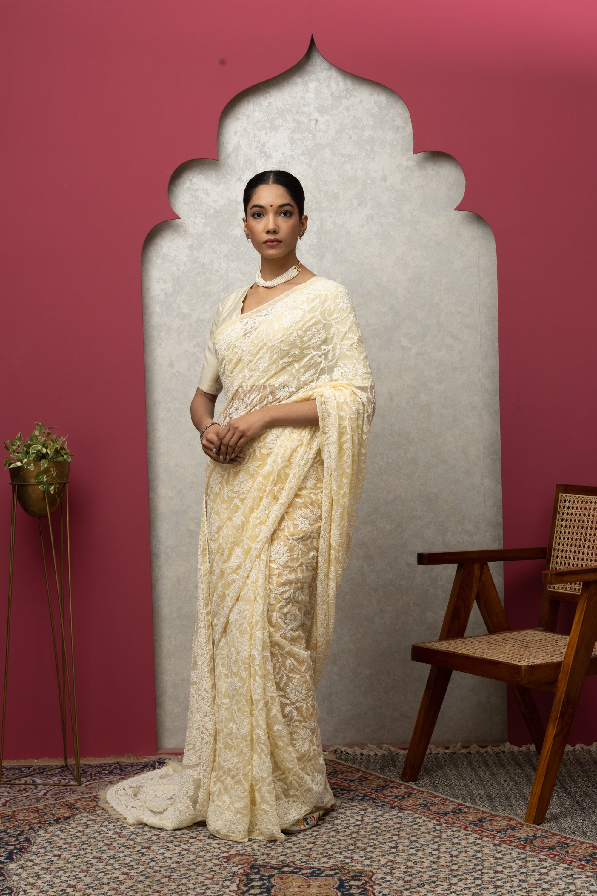 Premium Beige Chikankari Saree | Intricate All-Over Embroidery with Unstitched Blouse Piece