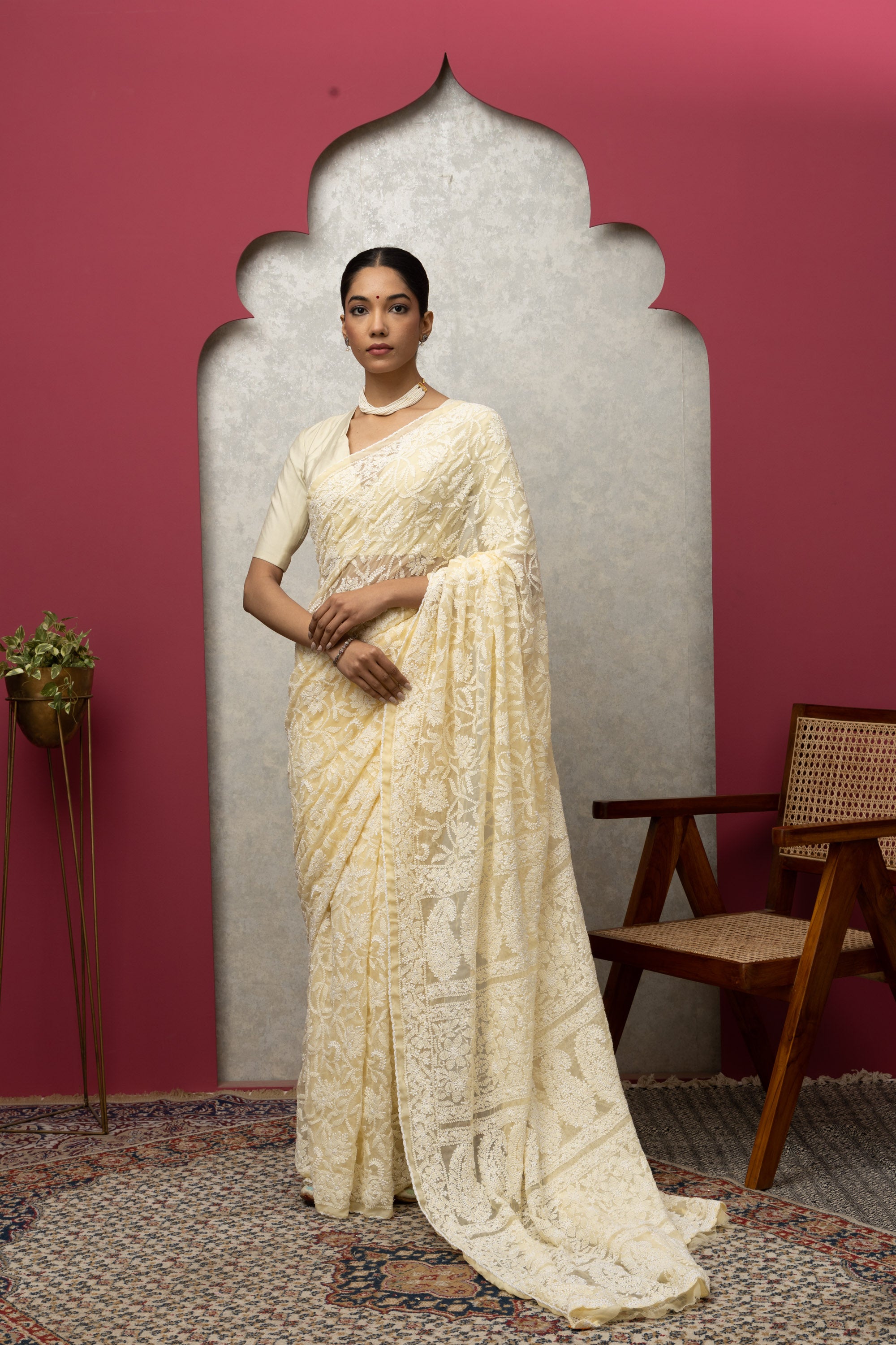 Premium Beige Chikankari Saree | Intricate All-Over Embroidery with Unstitched Blouse Piece