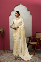 Premium Beige Chikankari Saree | Intricate All-Over Embroidery with Unstitched Blouse Piece