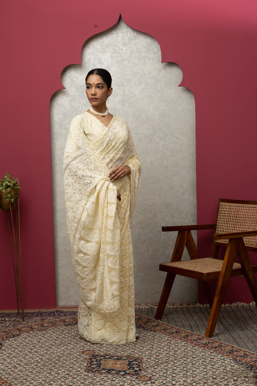 Premium Beige Chikankari Saree | Intricate All-Over Embroidery with Unstitched Blouse Piece