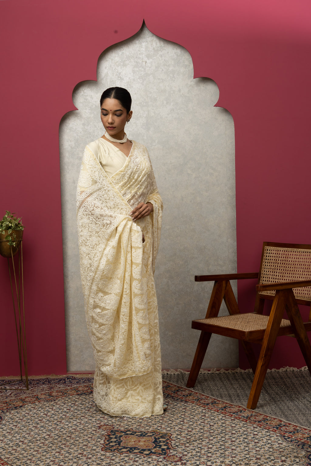 Premium Beige Chikankari Saree | Intricate All-Over Embroidery with Unstitched Blouse Piece