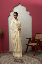 Premium Beige Chikankari Saree | Intricate All-Over Embroidery with Unstitched Blouse Piece