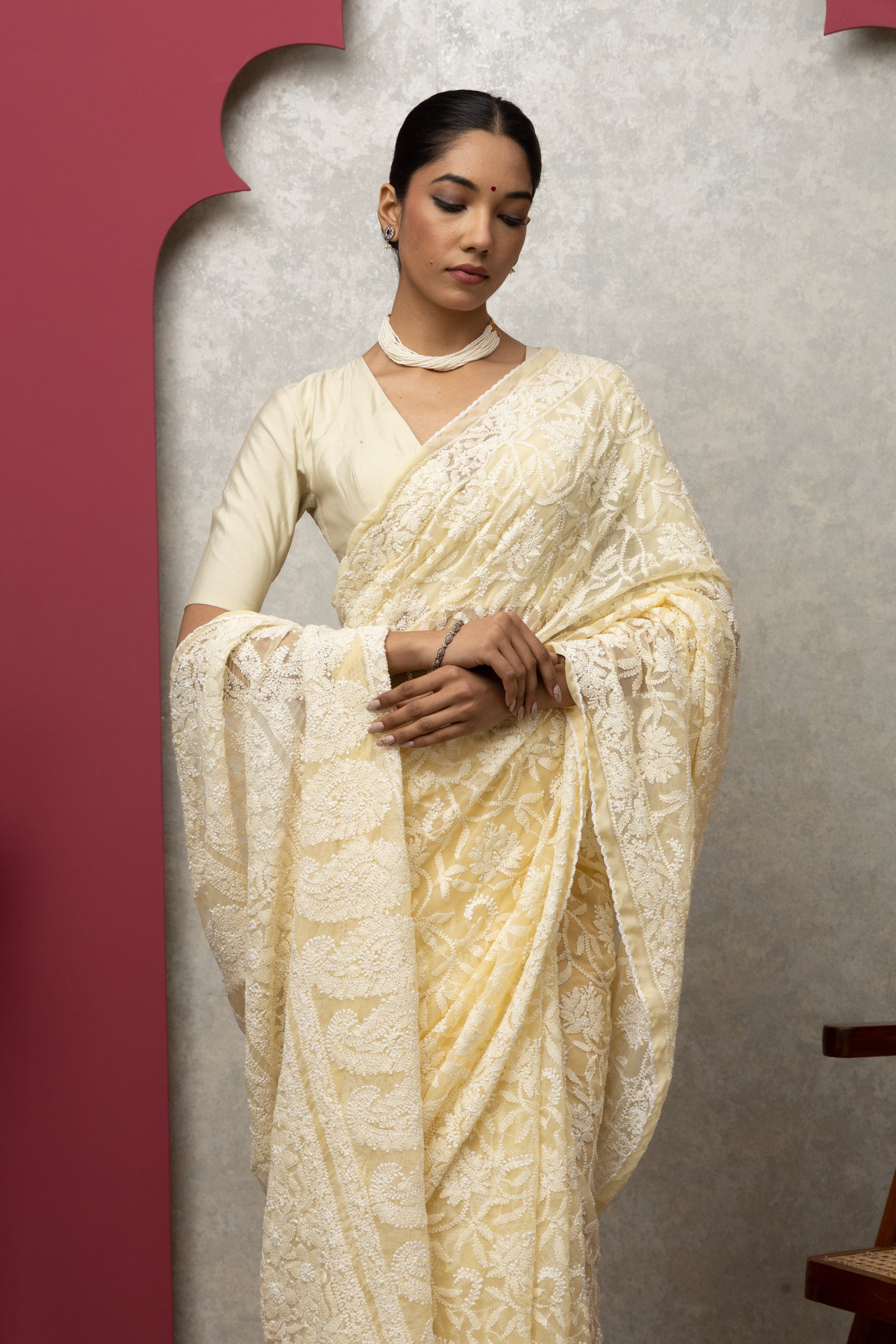 Premium Beige Chikankari Saree | Intricate All-Over Embroidery with Unstitched Blouse Piece