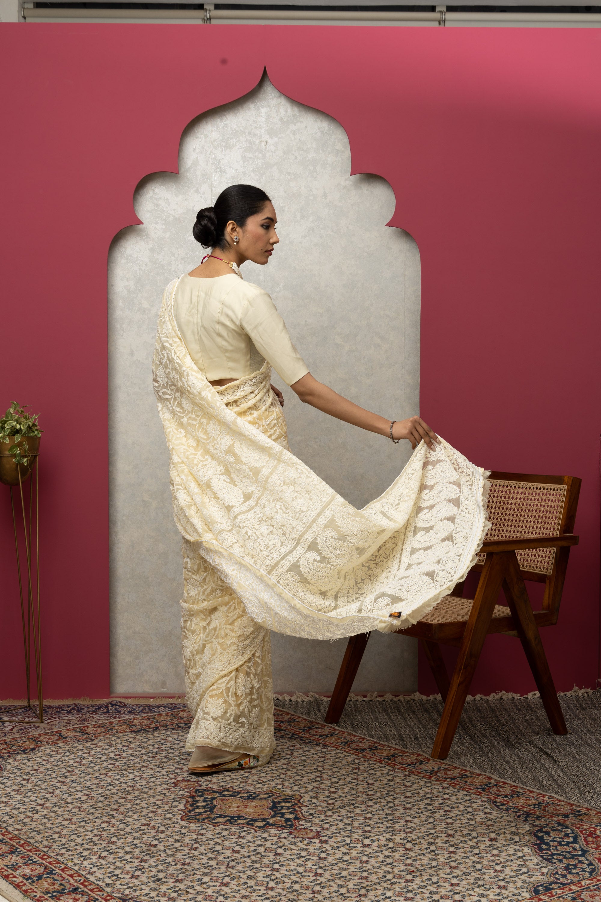 Premium Beige Chikankari Saree | Intricate All-Over Embroidery with Unstitched Blouse Piece