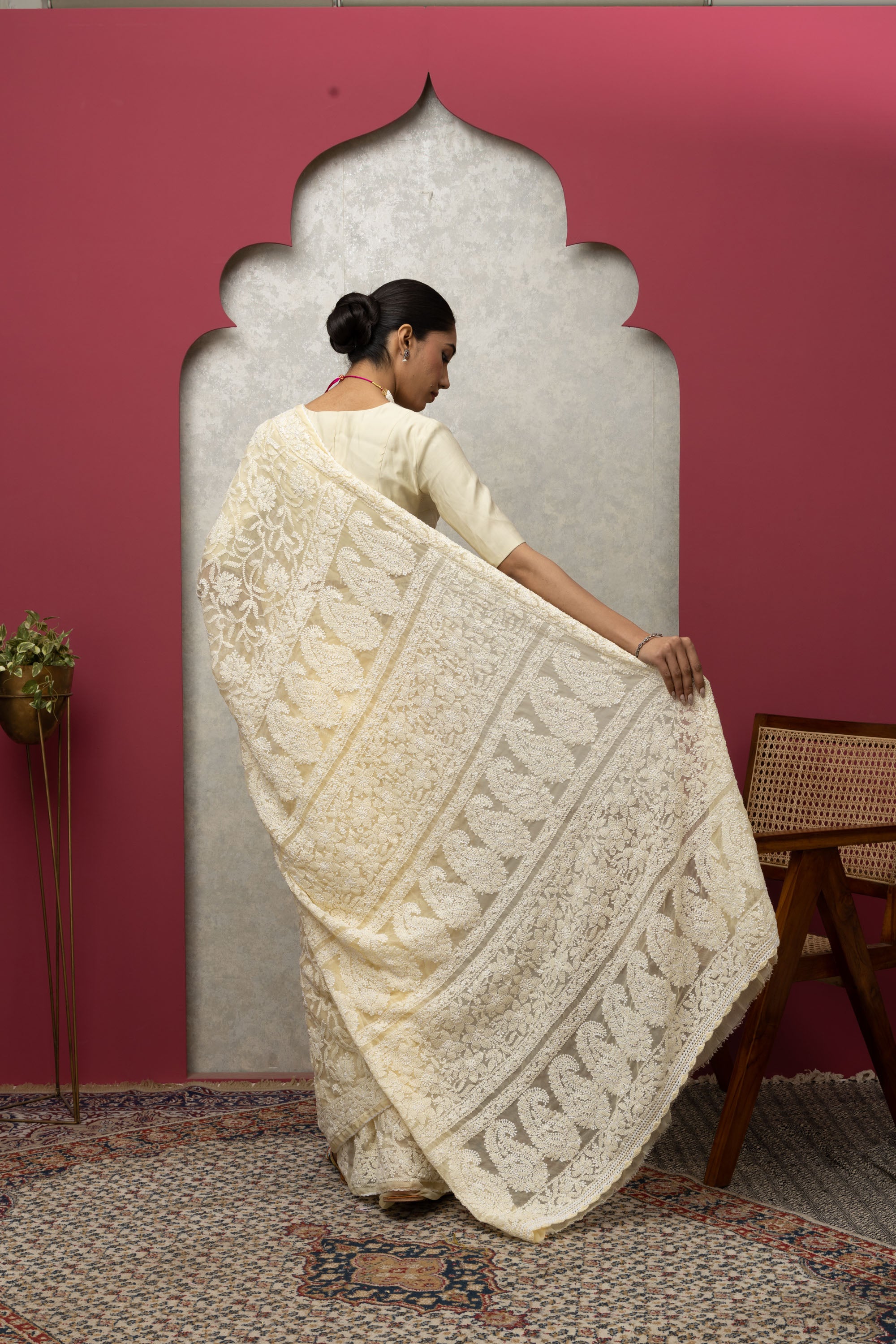 Premium Beige Chikankari Saree | Intricate All-Over Embroidery with Unstitched Blouse Piece