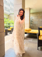 Soft White Organza Saree with Mukaish Work & Blouse – Timeless Grace