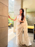 Soft White Organza Saree with Mukaish Work & Blouse – Timeless Grace