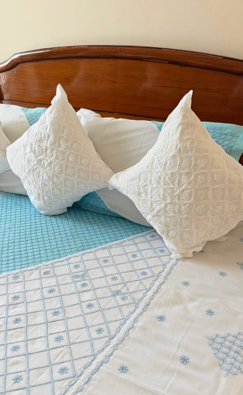 Elegant Blue Chikankari Embroidered Bedsheet