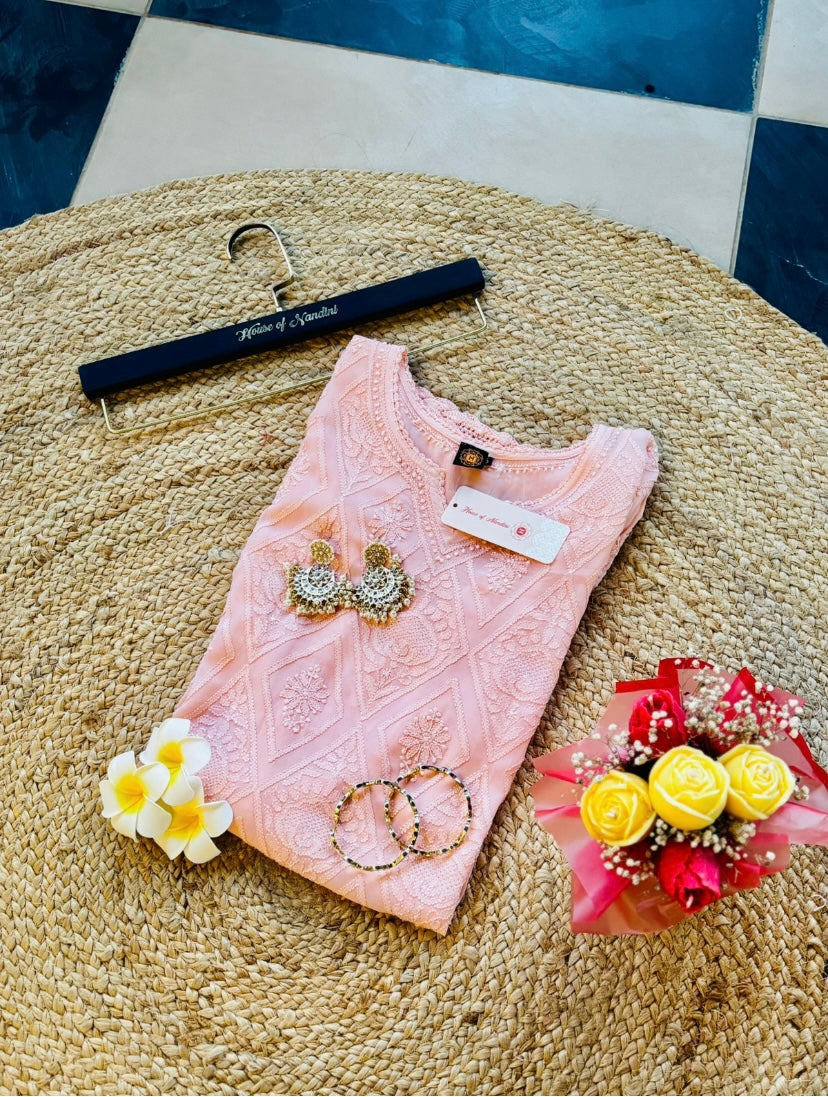 Peach Tone-on-Tone Chikankari Stitched Short Kurti (Size 42) – Elegant Handcrafted Ethnic Wear