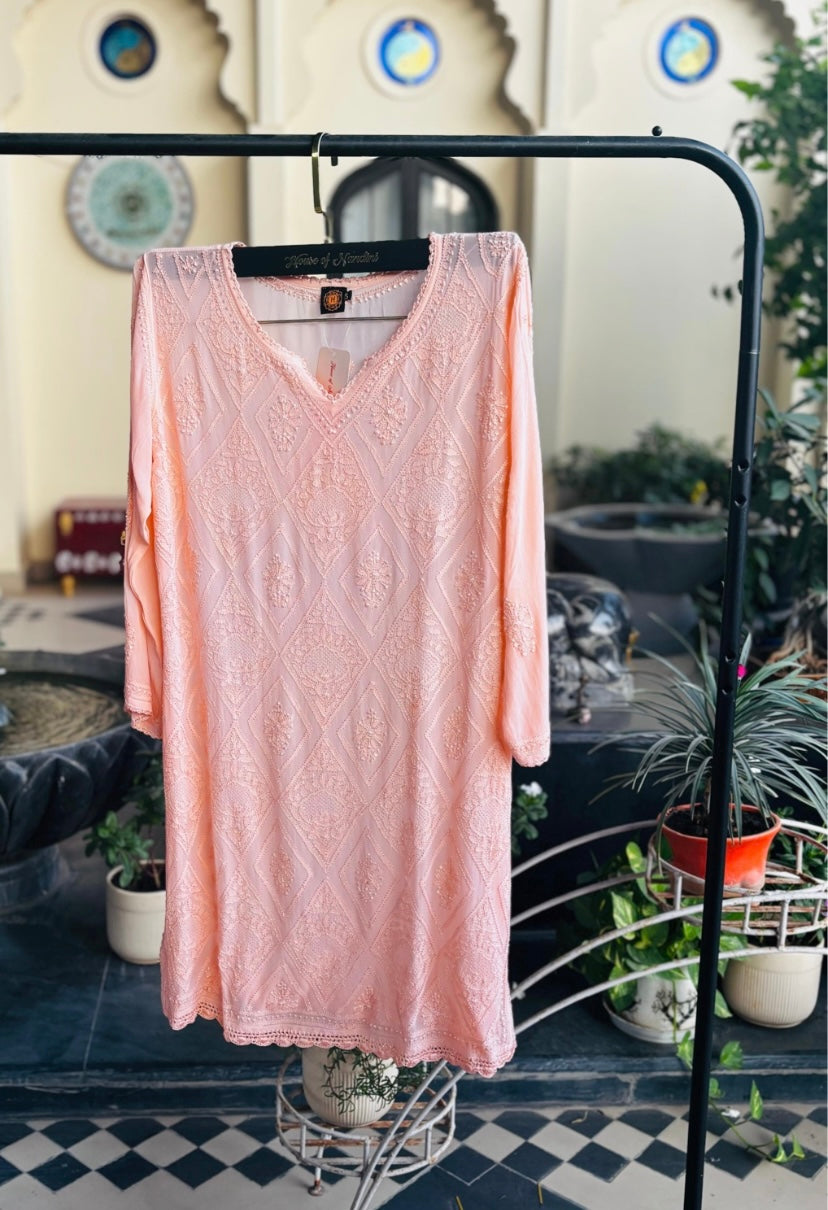 Peach Tone-on-Tone Chikankari Stitched Short Kurti (Size 42) – Elegant Handcrafted Ethnic Wear