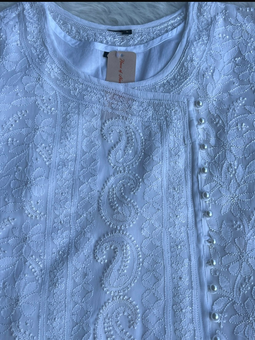 White Chikankari Short Kurti in Georgette with Slip (Size 42) – Lightweight Elegant Ethnic Wear | Available in Blue, Peach & Purple