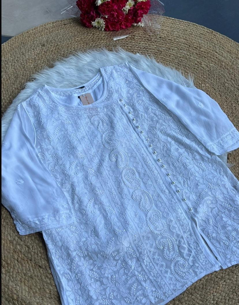 White Chikankari Short Kurti in Georgette with Slip (Size 42) – Lightweight Elegant Ethnic Wear | Available in Blue, Peach & Purple