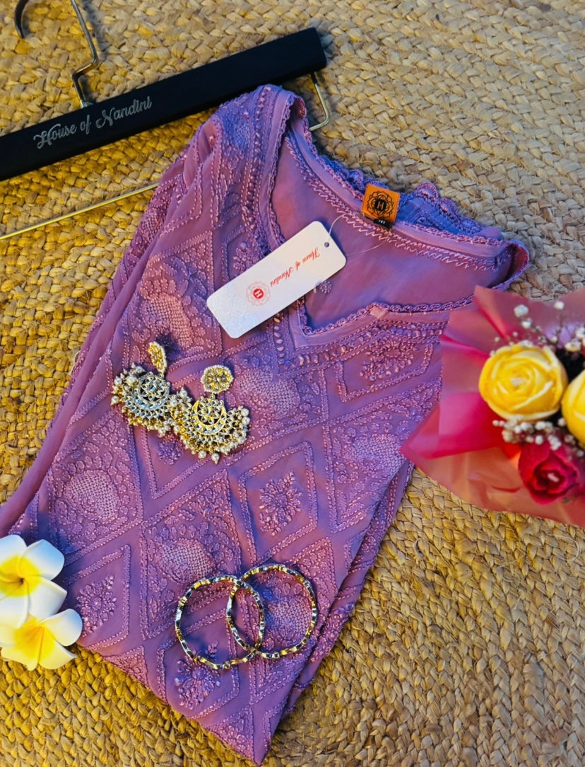 Peach Tone-on-Tone Chikankari Stitched Short Kurti (Size 42) – Elegant Handcrafted Ethnic Wear