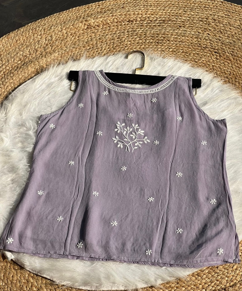 Pink Chikankari Sleeveless Short Kurti Top – Elegant Handcrafted Cotton Wear | Available in Grey, Blue & Peach