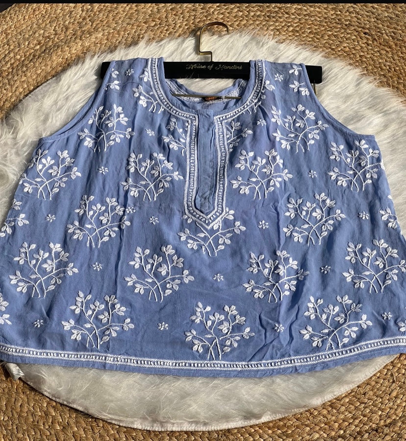 Pink Chikankari Sleeveless Short Kurti Top – Elegant Handcrafted Cotton Wear | Available in Grey, Blue & Peach