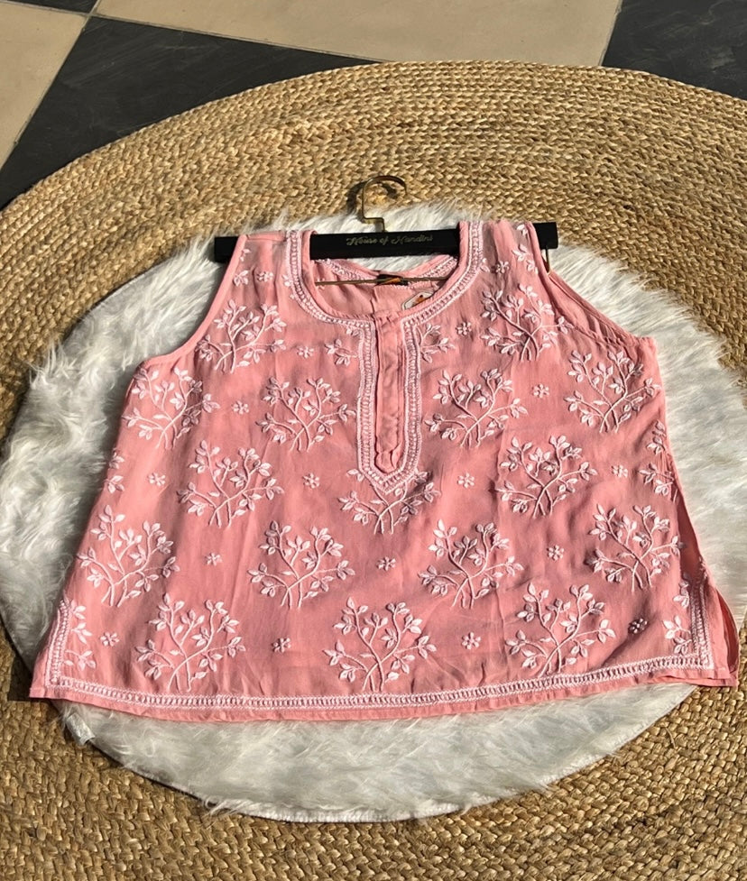 Pink Chikankari Sleeveless Short Kurti Top – Elegant Handcrafted Cotton Wear | Available in Grey, Blue & Peach