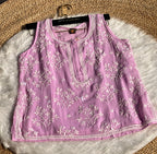 Pink Chikankari Sleeveless Short Kurti Top – Elegant Handcrafted Cotton Wear | Available in Grey, Blue & Peach