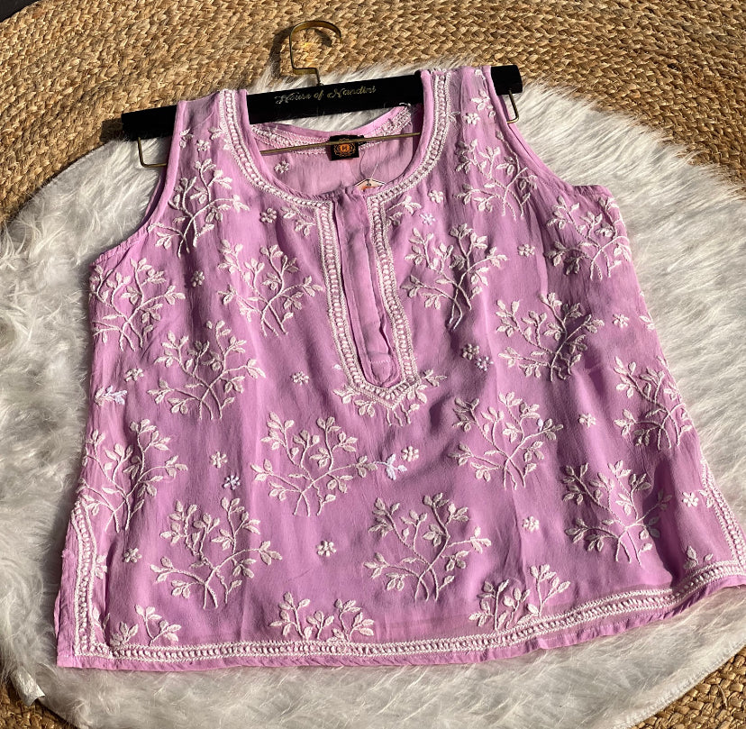 Pink Chikankari Sleeveless Short Kurti Top – Elegant Handcrafted Cotton Wear | Available in Grey, Blue & Peach