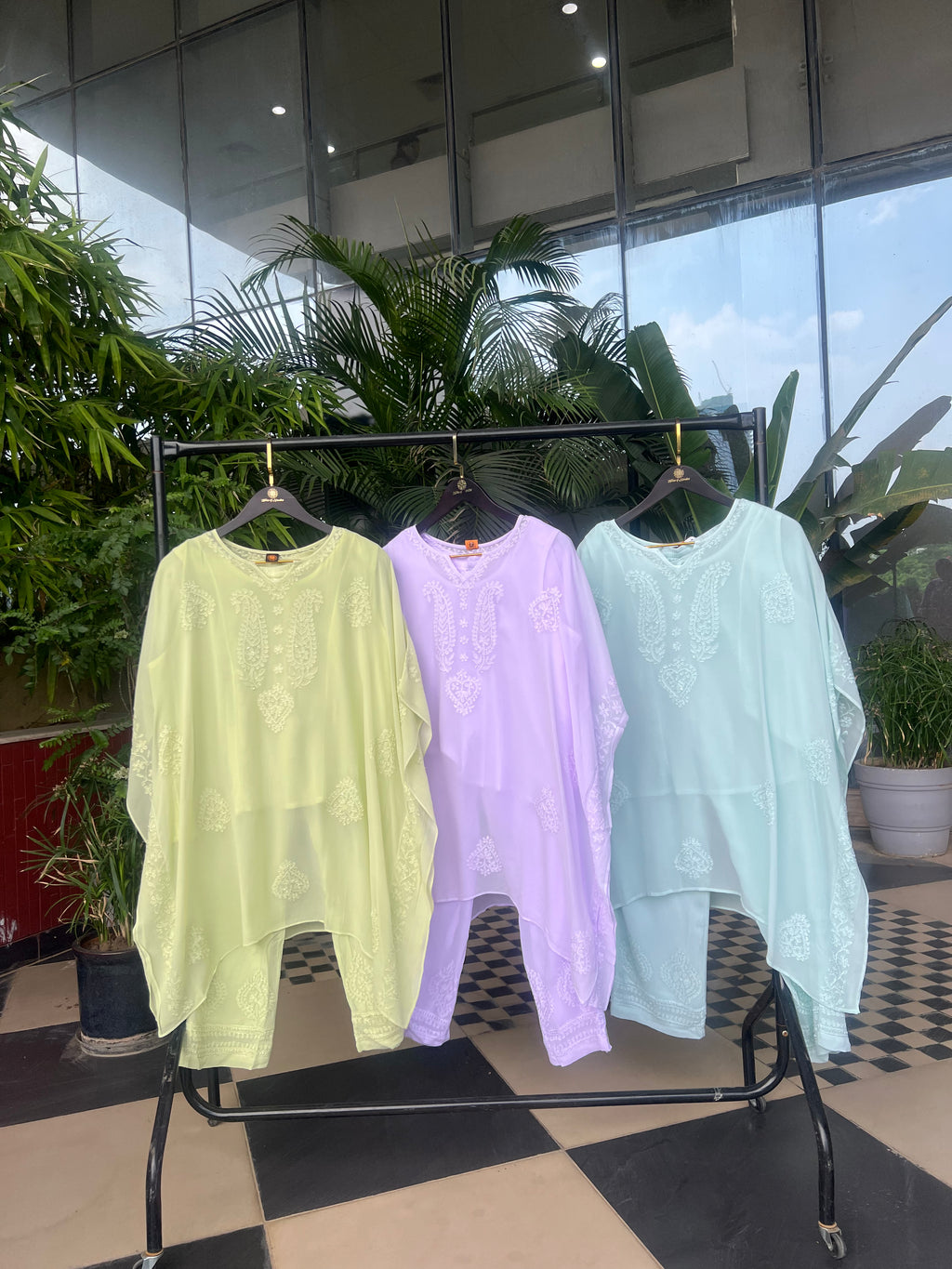 Lime Green Embroidered Kaftan Set with Pant & Slip