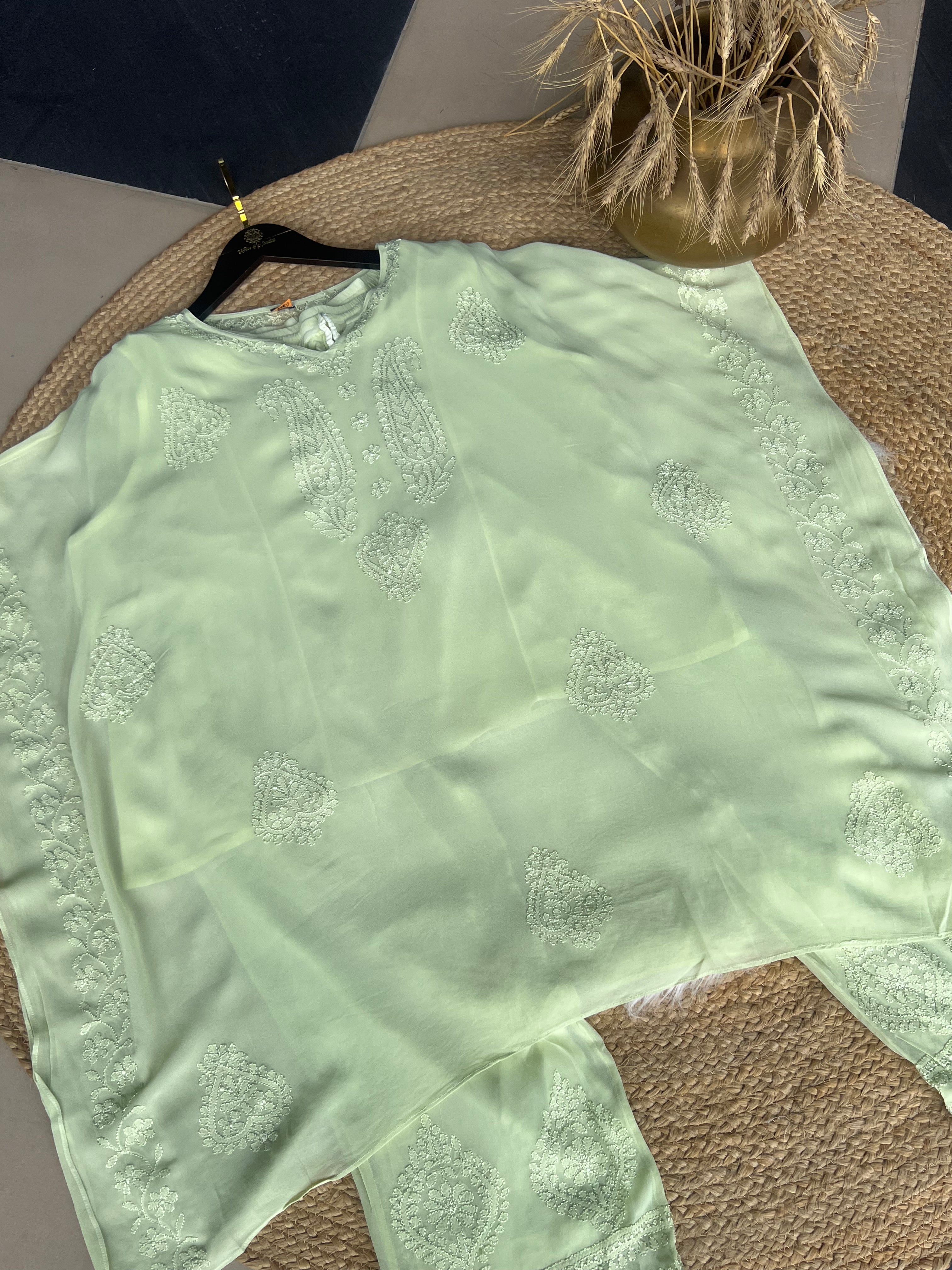 Lime Green Embroidered Kaftan Set with Pant & Slip