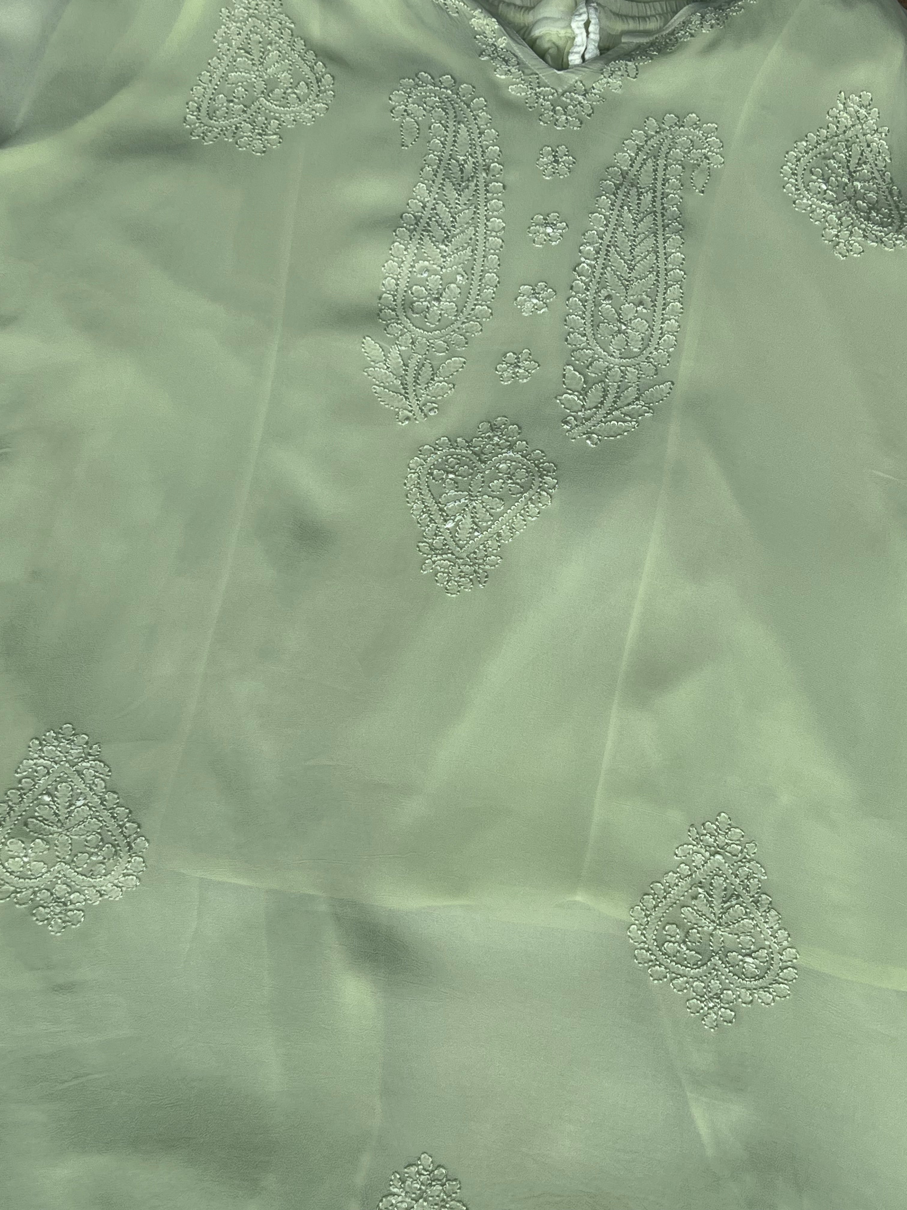 Lime Green Embroidered Kaftan Set with Pant & Slip