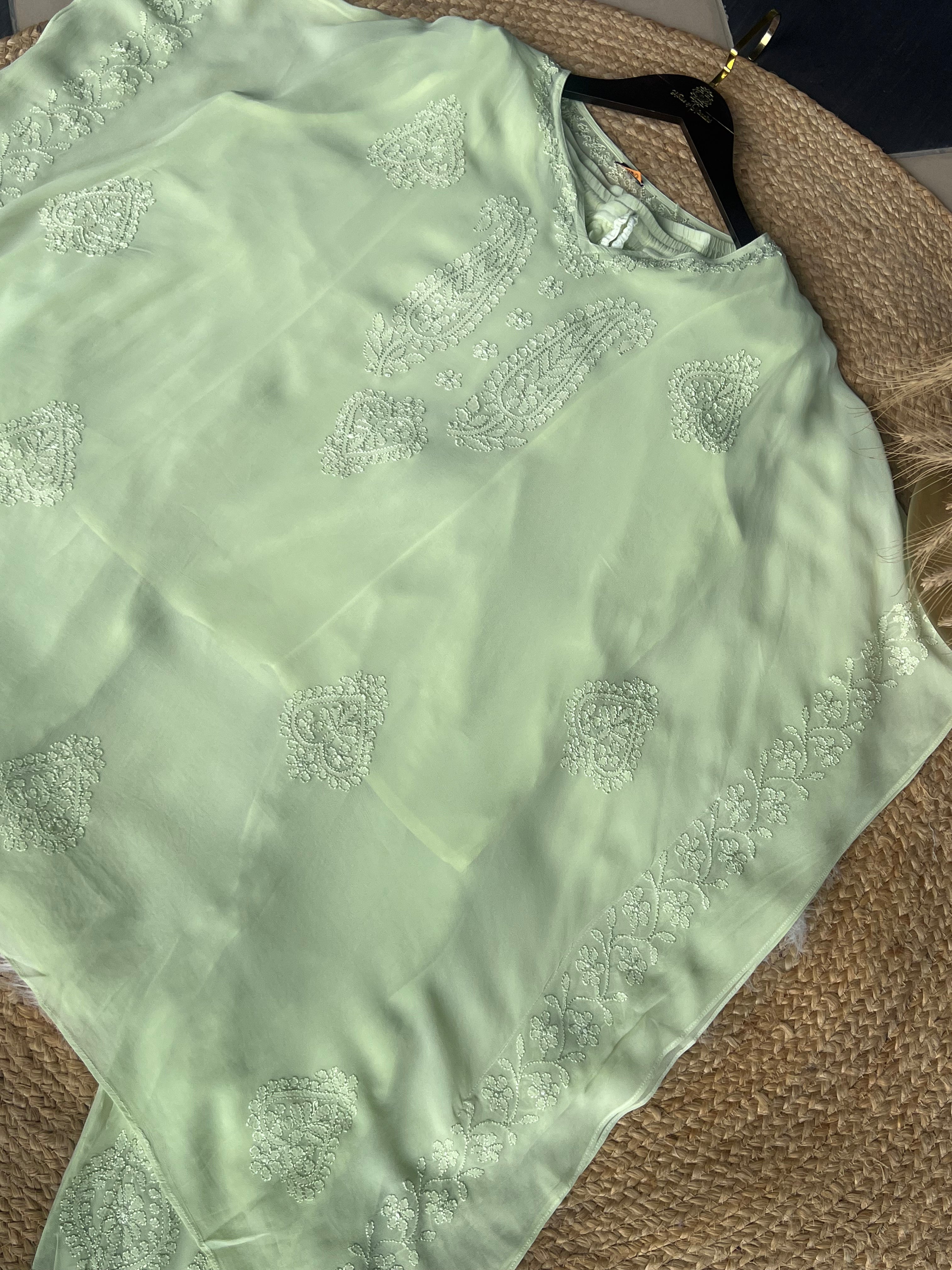 Lime Green Embroidered Kaftan Set with Pant & Slip