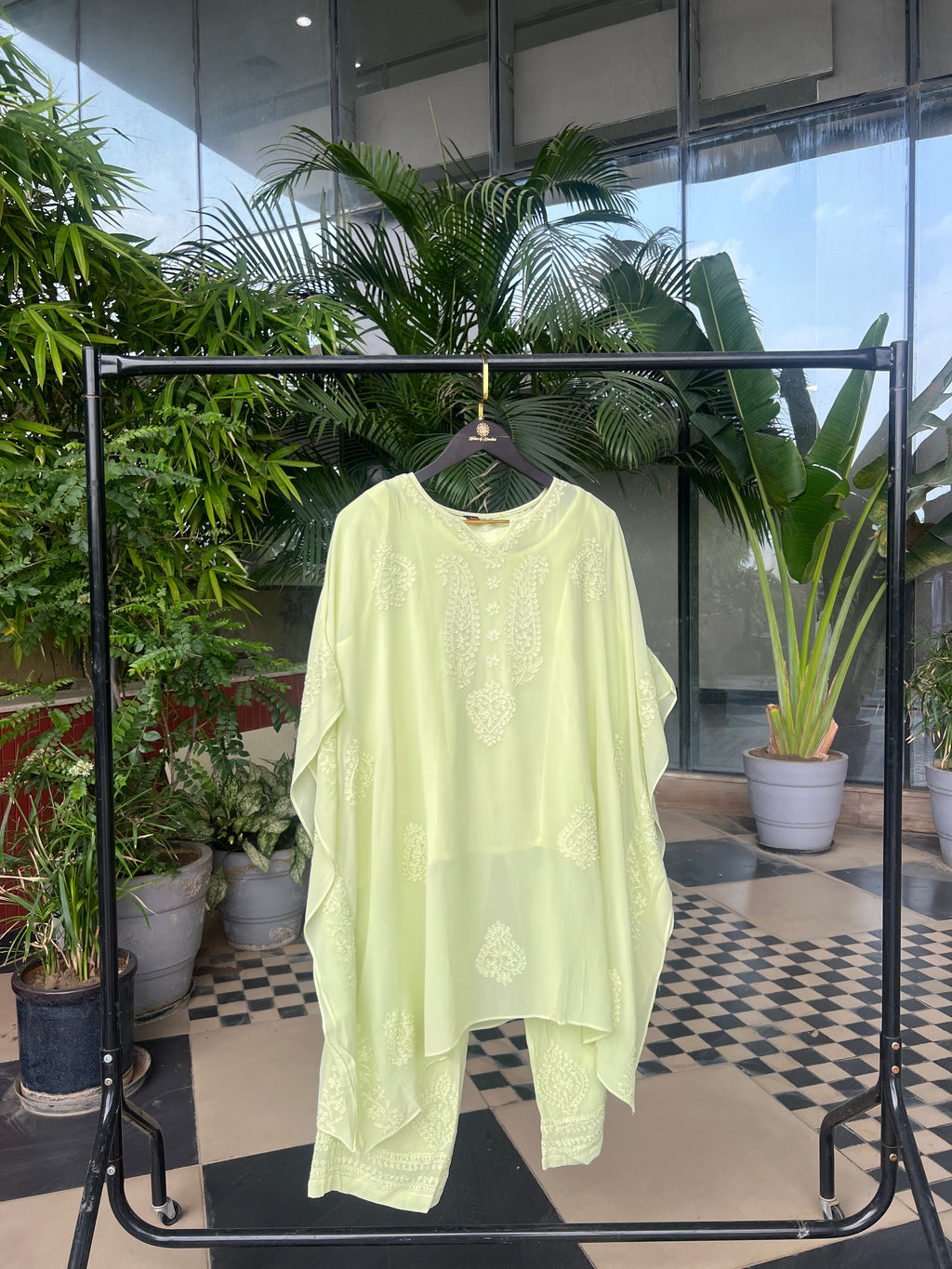 Lime Green Embroidered Kaftan Set with Pant & Slip