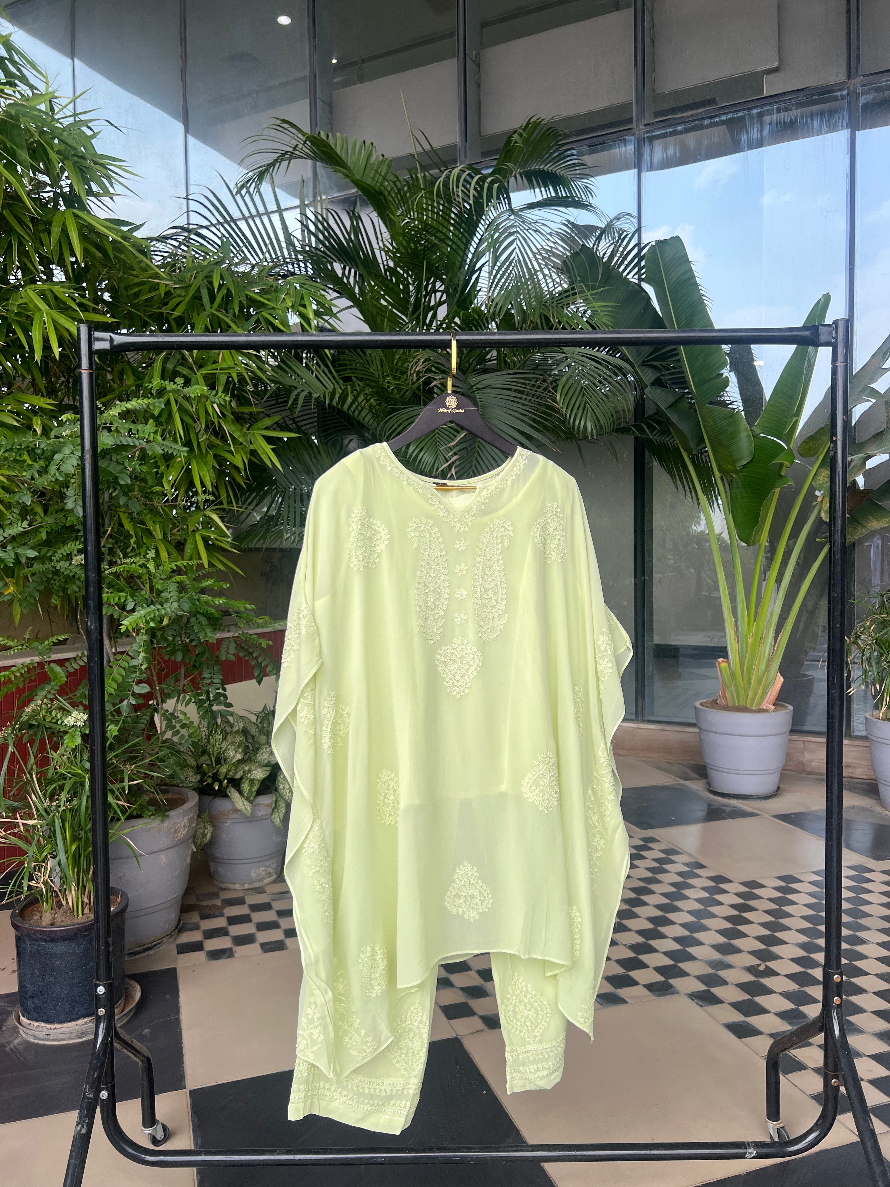 Lime Green Embroidered Kaftan Set with Pant & Slip