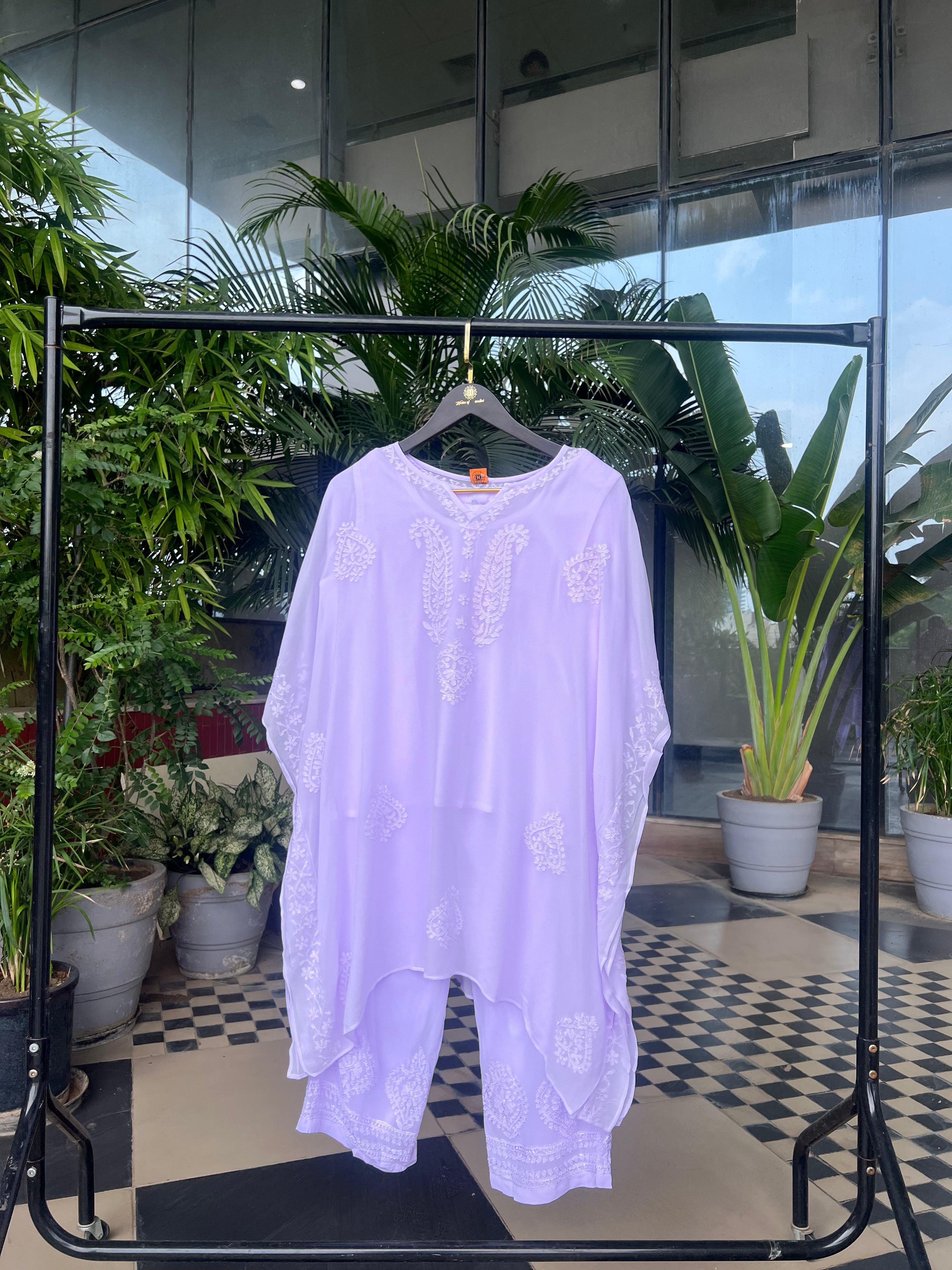 Lime Green Embroidered Kaftan Set with Pant & Slip