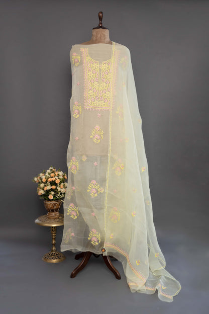 Yellow Organza Unstitched Kurti Set with Dupatta