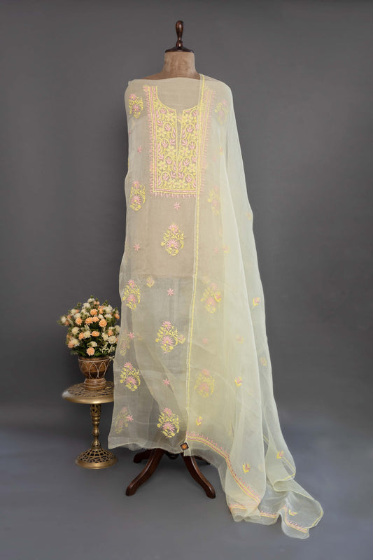 Yellow Organza Unstitched Kurti Set with Dupatta