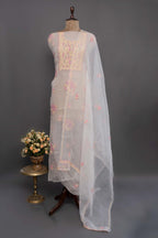 Organza Unstitched Kurti Set with Dupatta | Beige & Pink Chikankari Embroidery