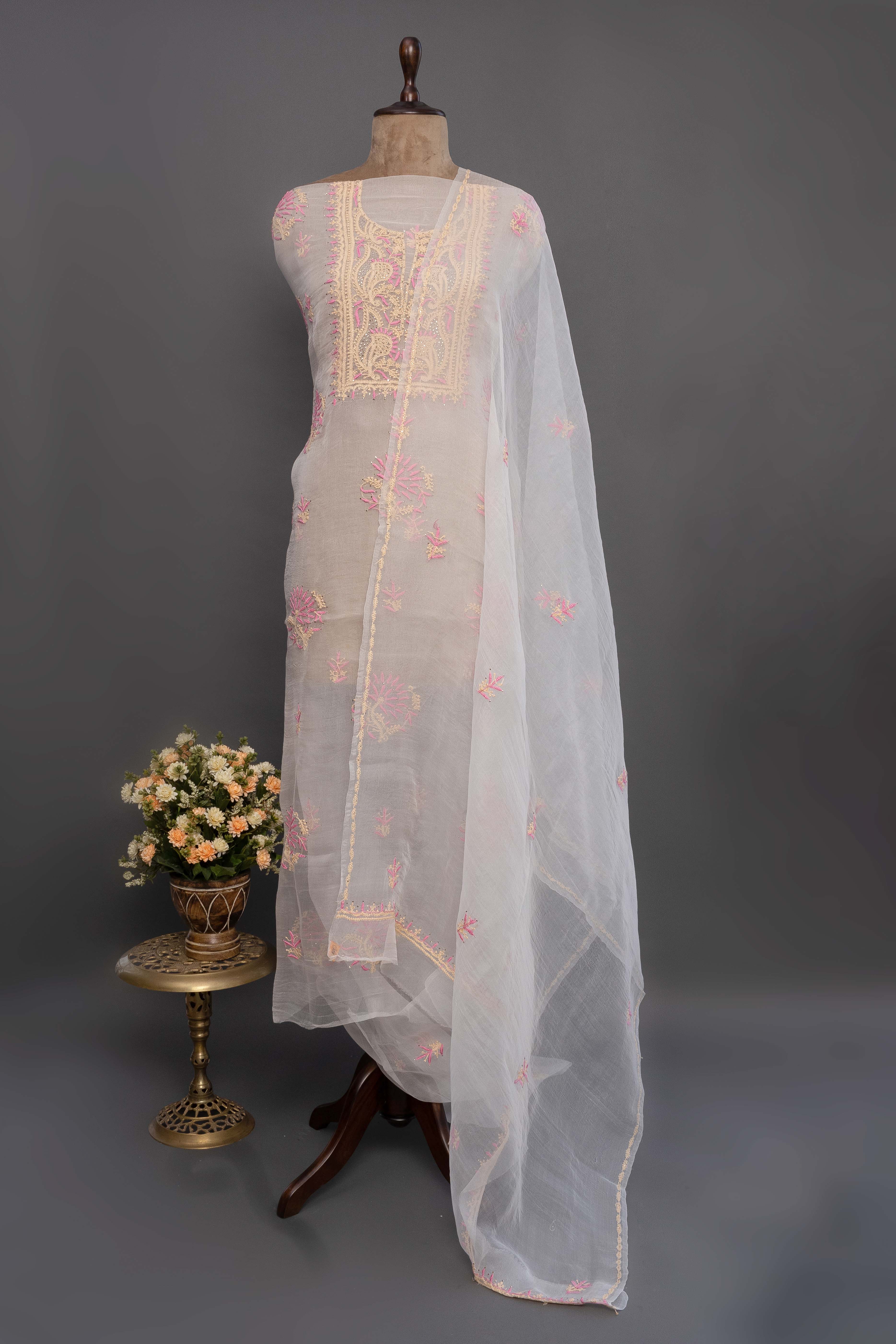 Organza Unstitched Kurti Set with Dupatta | Beige & Pink Chikankari Embroidery